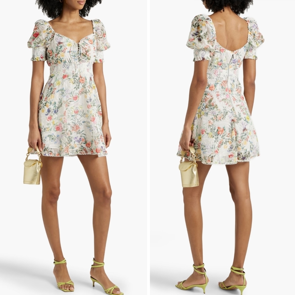 Alice + Olivia Kristie Floral Print Broderie Anglaise Chiffon Mini Dress NWT New
